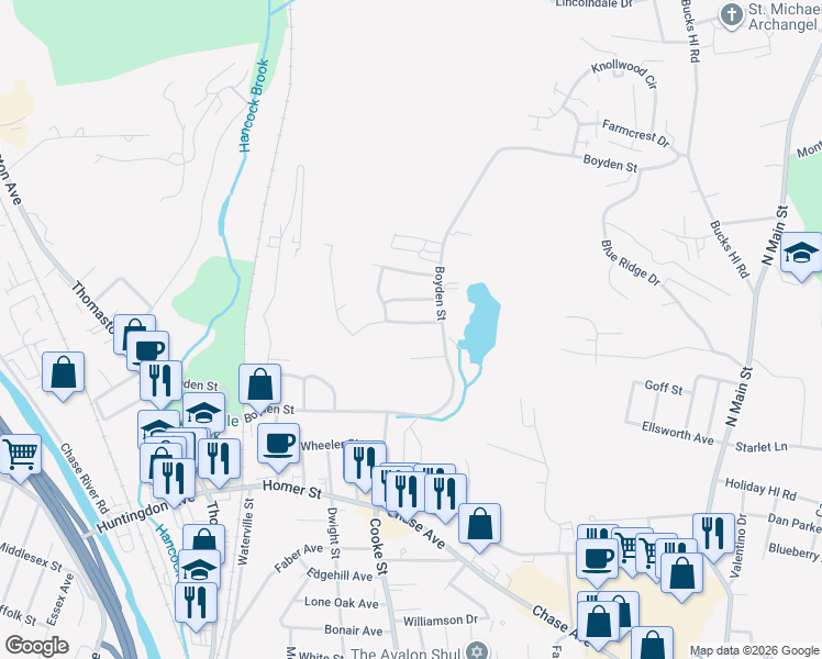 map of restaurants, bars, coffee shops, grocery stores, and more near 27 Cathy Lane in Waterbury