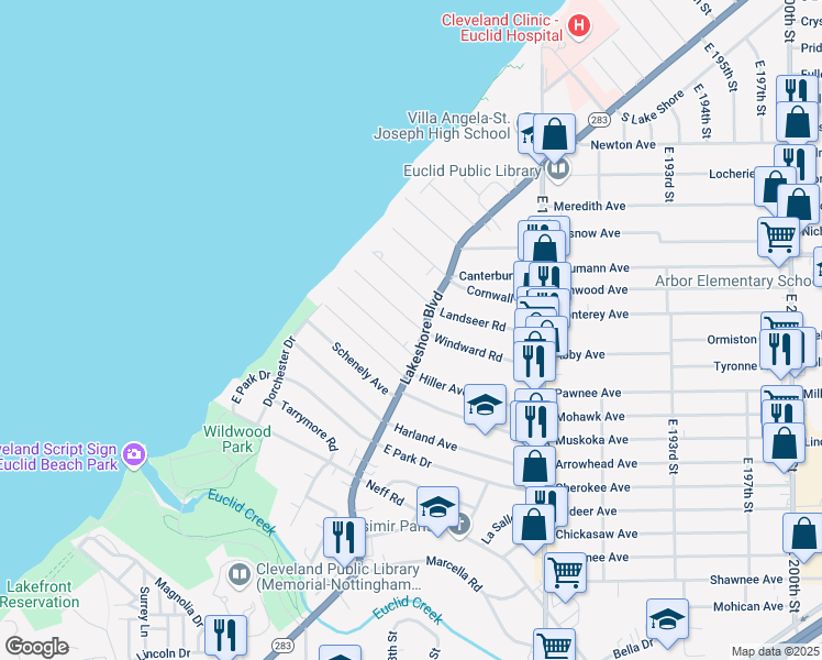 map of restaurants, bars, coffee shops, grocery stores, and more near 17930 Windward Road in Cleveland