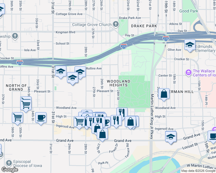 map of restaurants, bars, coffee shops, grocery stores, and more near 714 25th Street in Des Moines