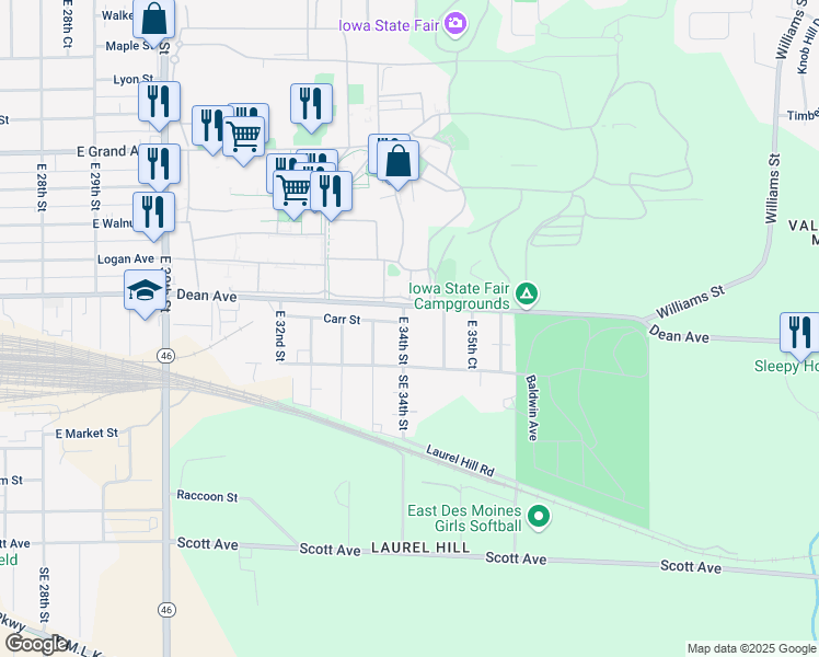 map of restaurants, bars, coffee shops, grocery stores, and more near 131 East 34th Street in Des Moines