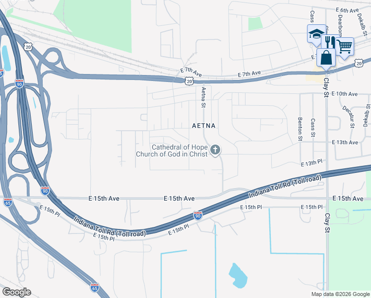map of restaurants, bars, coffee shops, grocery stores, and more near 1256 Oklahoma Street in Gary