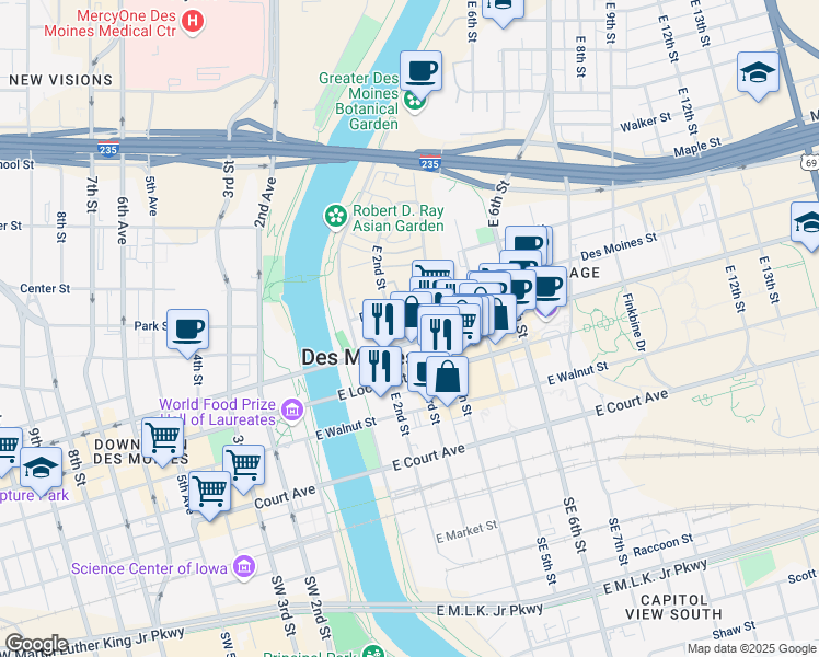 map of restaurants, bars, coffee shops, grocery stores, and more near 200 East Grand Avenue in Des Moines