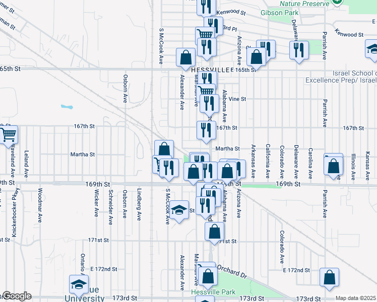 map of restaurants, bars, coffee shops, grocery stores, and more near 6803 Alexander Avenue in Hammond