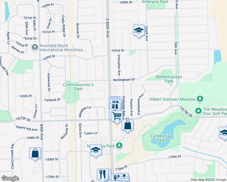 map of restaurants, bars, coffee shops, grocery stores, and more near 16540 Crescent Avenue in Tinley Park