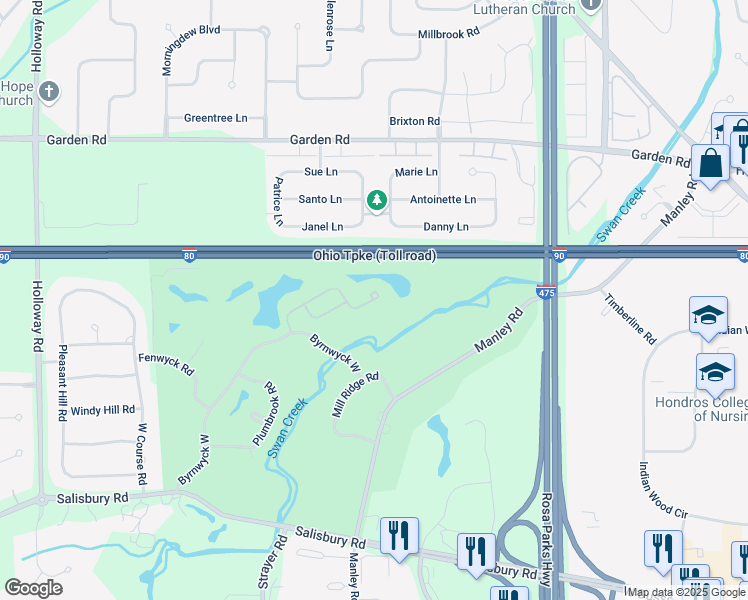 map of restaurants, bars, coffee shops, grocery stores, and more near 6621 Embassy Court in Maumee