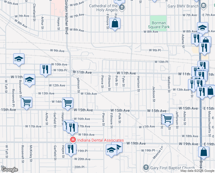 map of restaurants, bars, coffee shops, grocery stores, and more near 1168 Fillmore Street in Gary