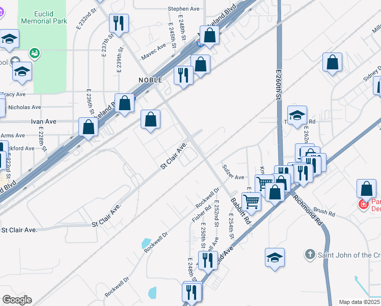 map of restaurants, bars, coffee shops, grocery stores, and more near 25500 Saint Clair Avenue in Euclid