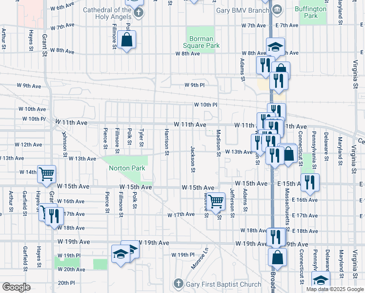 map of restaurants, bars, coffee shops, grocery stores, and more near 1169 Van Buren Street in Gary