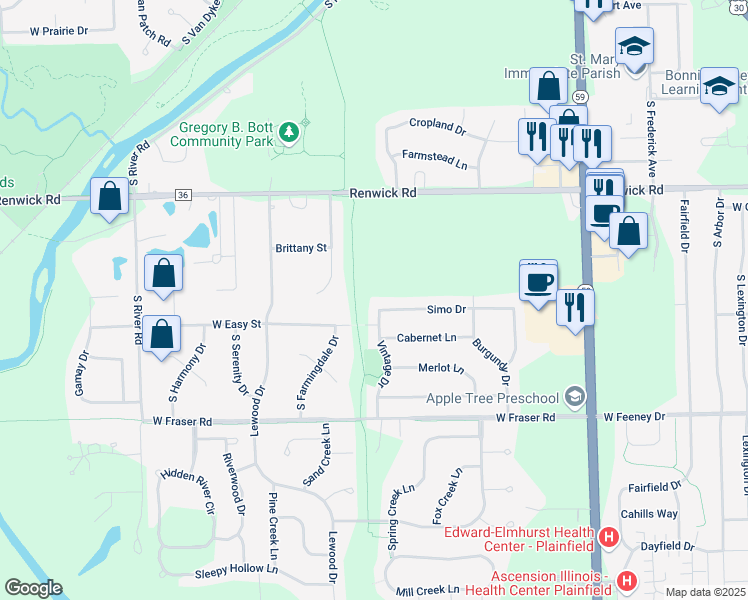 map of restaurants, bars, coffee shops, grocery stores, and more near 24264 Simo Drive in Plainfield