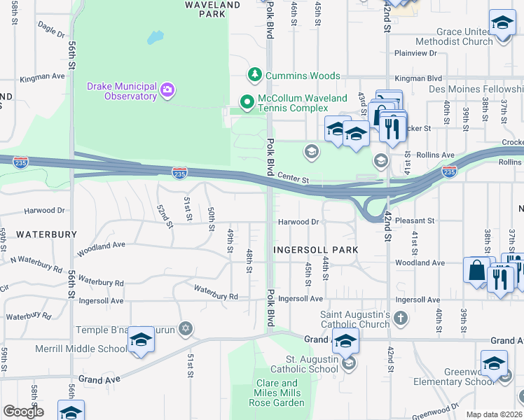 map of restaurants, bars, coffee shops, grocery stores, and more near 712 Polk Boulevard in Des Moines