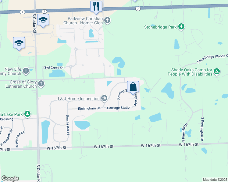 map of restaurants, bars, coffee shops, grocery stores, and more near 14331 Melbourne Place in Lockport
