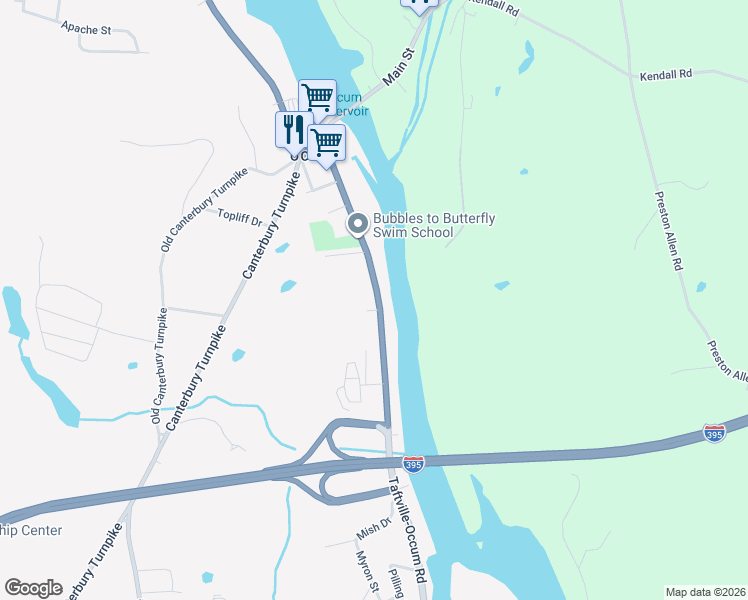 map of restaurants, bars, coffee shops, grocery stores, and more near 87 Taftville-Occum Road in Norwich
