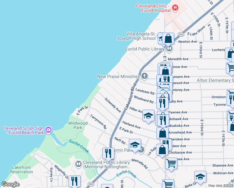 map of restaurants, bars, coffee shops, grocery stores, and more near 17806 Ingleside Rd in Cleveland