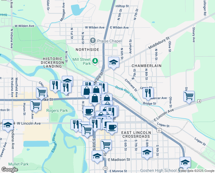 map of restaurants, bars, coffee shops, grocery stores, and more near 356 North Main Street in Goshen
