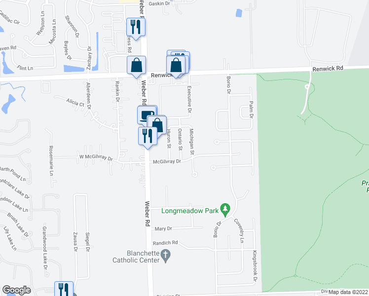 map of restaurants, bars, coffee shops, grocery stores, and more near 16143 Ontario Street in Crest Hill