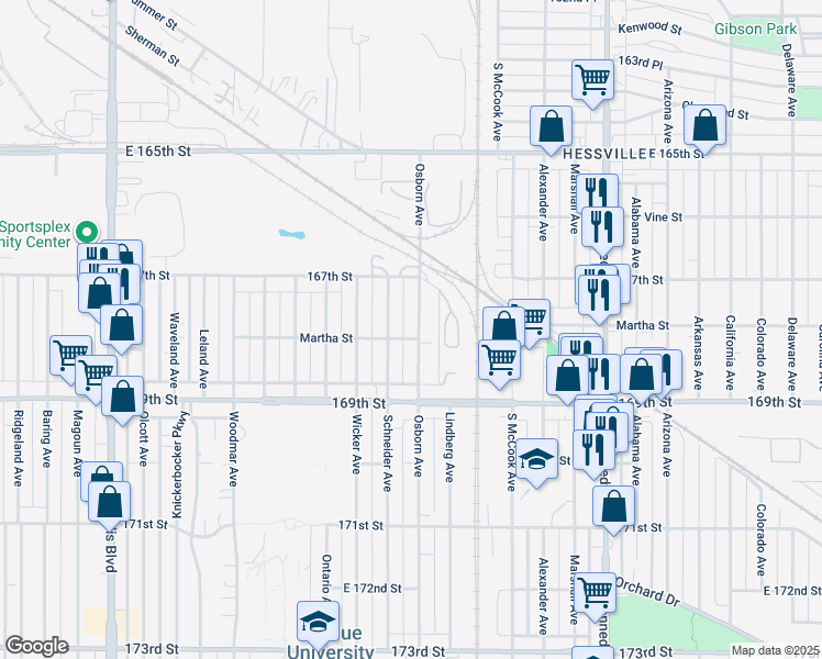 map of restaurants, bars, coffee shops, grocery stores, and more near 6746 Osborn Avenue in Hammond