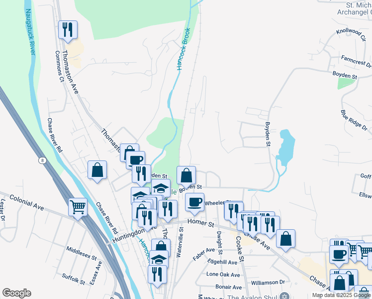 map of restaurants, bars, coffee shops, grocery stores, and more near 79 Yale Street in Waterbury