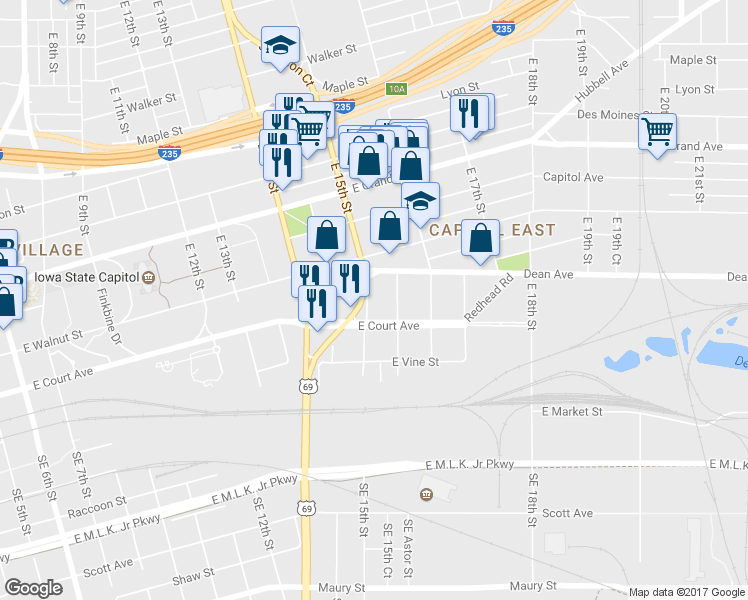 map of restaurants, bars, coffee shops, grocery stores, and more near 221 East 15th Street in Des Moines