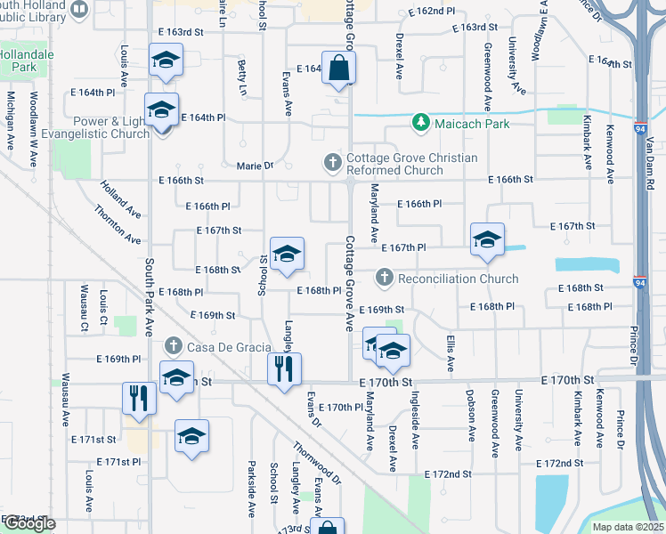 map of restaurants, bars, coffee shops, grocery stores, and more near 16745 Evans Avenue in South Holland