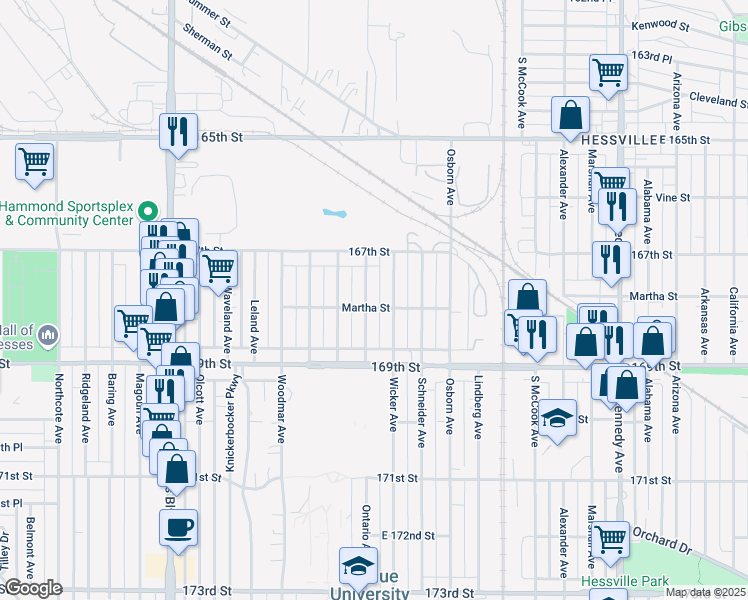 map of restaurants, bars, coffee shops, grocery stores, and more near 6745 Ontario Avenue in Hammond