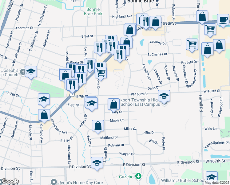 map of restaurants, bars, coffee shops, grocery stores, and more near 1036 East 7th Street in Lockport