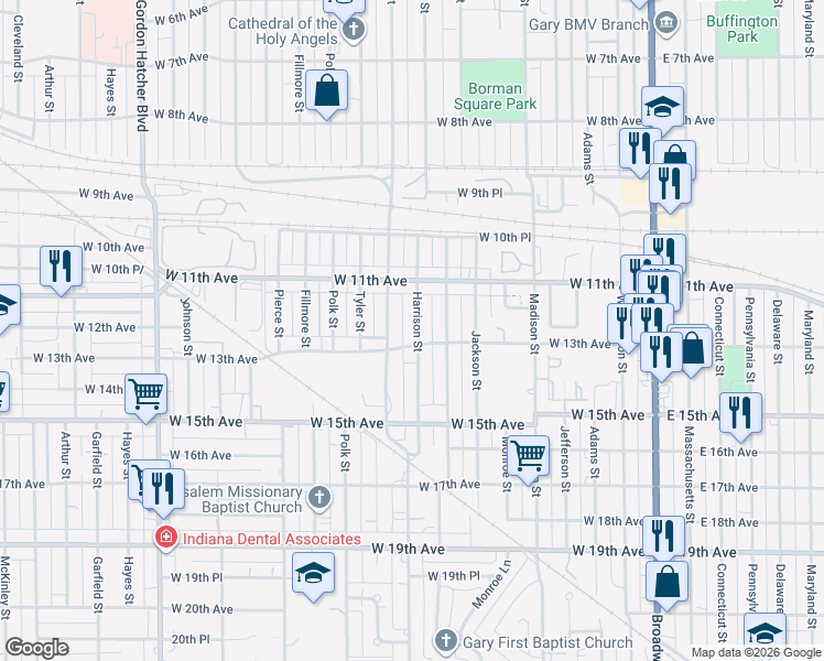 map of restaurants, bars, coffee shops, grocery stores, and more near 1168 Harrison Street in Gary