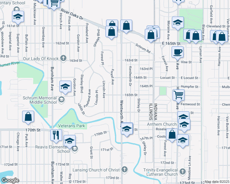 map of restaurants, bars, coffee shops, grocery stores, and more near 1491 Forest Avenue in Calumet City