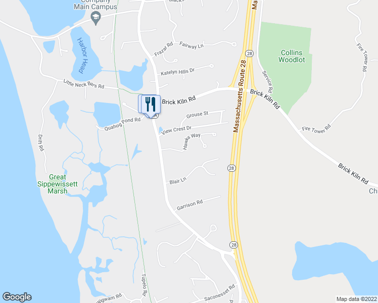 map of restaurants, bars, coffee shops, grocery stores, and more near 29 Hawks Way in Falmouth