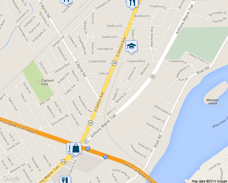 map of restaurants, bars, coffee shops, grocery stores, and more near 4336 Rugby Drive in Toledo