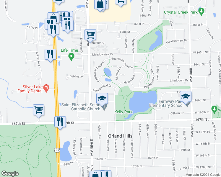map of restaurants, bars, coffee shops, grocery stores, and more near 9241 Pepperwood Drive in Orland Hills