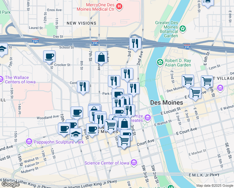 map of restaurants, bars, coffee shops, grocery stores, and more near 400 Park Street in Des Moines