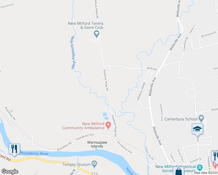 map of restaurants, bars, coffee shops, grocery stores, and more near 48 Aspetuck Ridge Road in New Milford