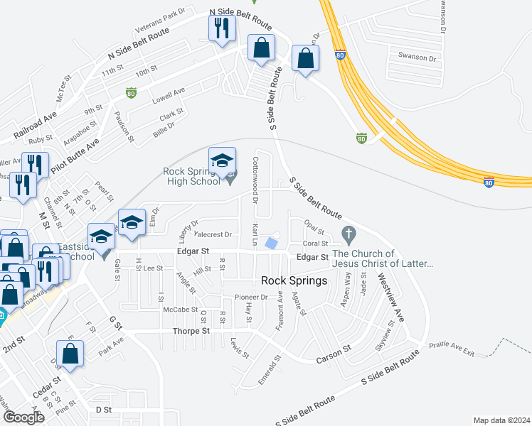 map of restaurants, bars, coffee shops, grocery stores, and more near 1317 Cottonwood Dr in Rock Springs