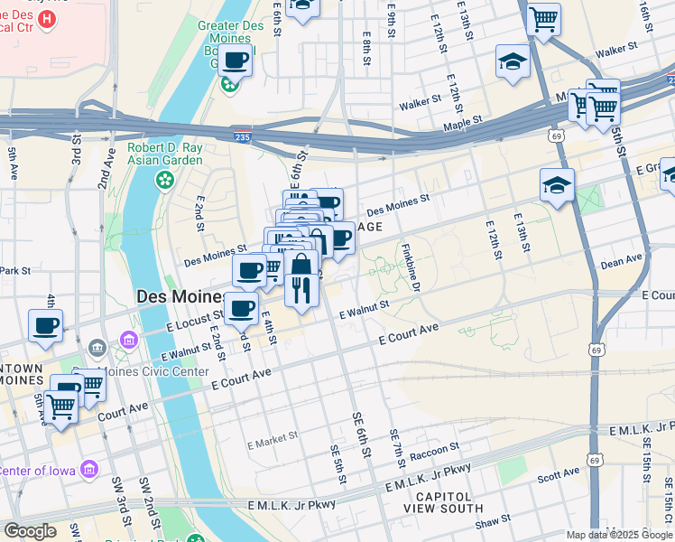 map of restaurants, bars, coffee shops, grocery stores, and more near 600 East Locust Street in Des Moines
