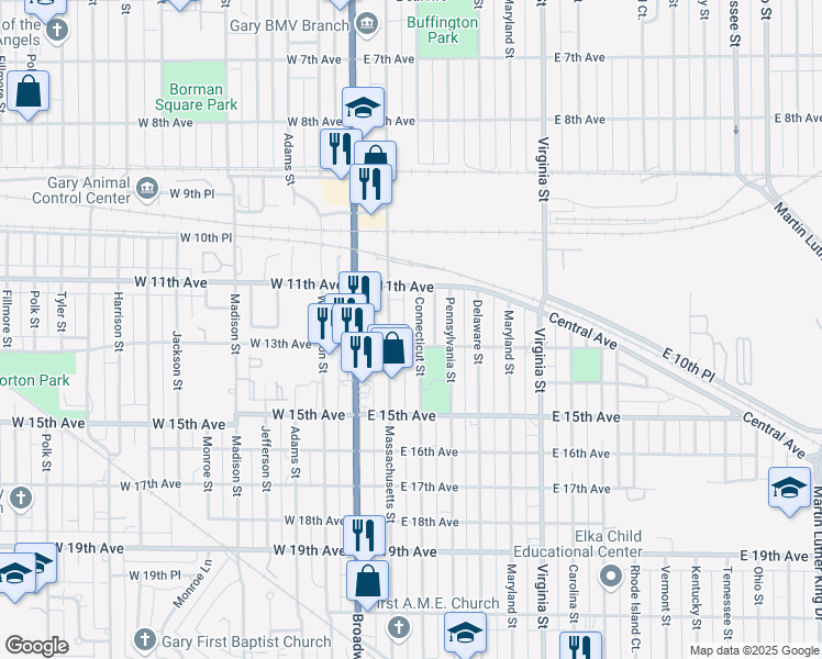 map of restaurants, bars, coffee shops, grocery stores, and more near 1152 Connecticut Street in Gary