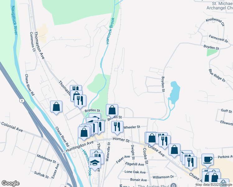 map of restaurants, bars, coffee shops, grocery stores, and more near 79 Yale Street in Waterbury