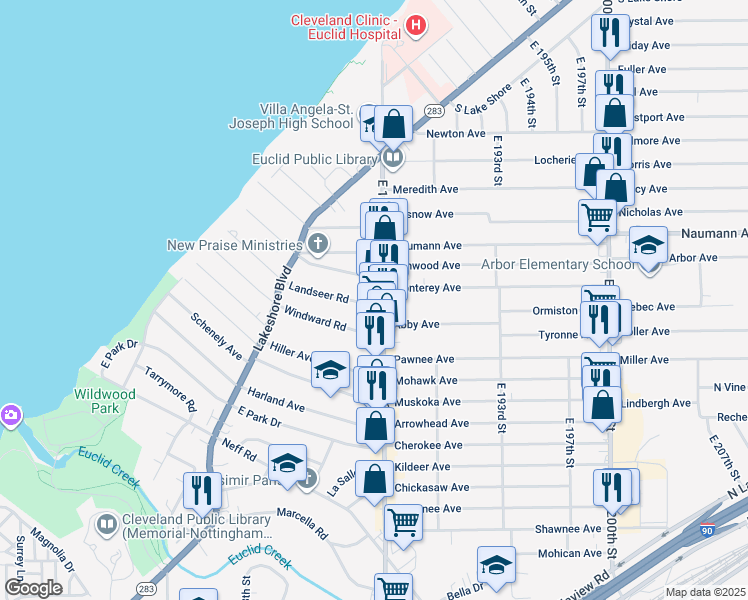 map of restaurants, bars, coffee shops, grocery stores, and more near 18405 Landseer Road in Cleveland