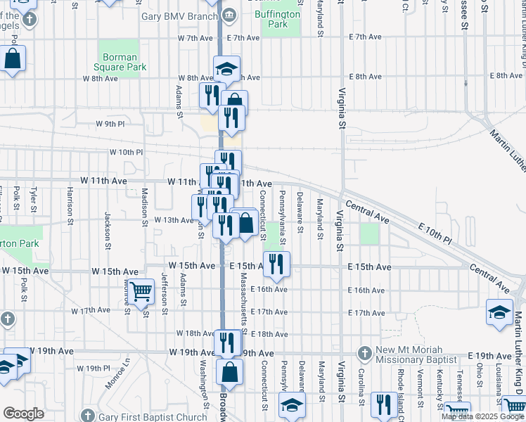 map of restaurants, bars, coffee shops, grocery stores, and more near 1152 Connecticut Street in Gary