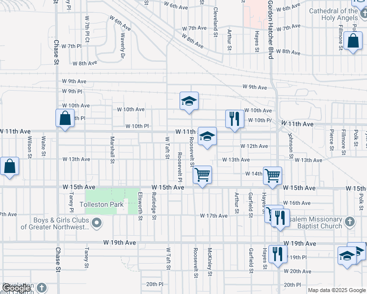 map of restaurants, bars, coffee shops, grocery stores, and more near 1209 Roosevelt Place in Gary