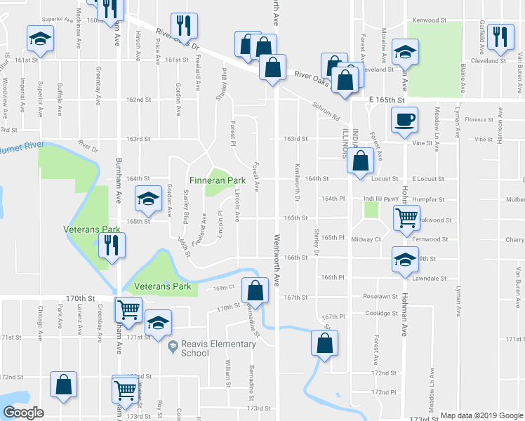 map of restaurants, bars, coffee shops, grocery stores, and more near 1491 Forest Avenue in Calumet City