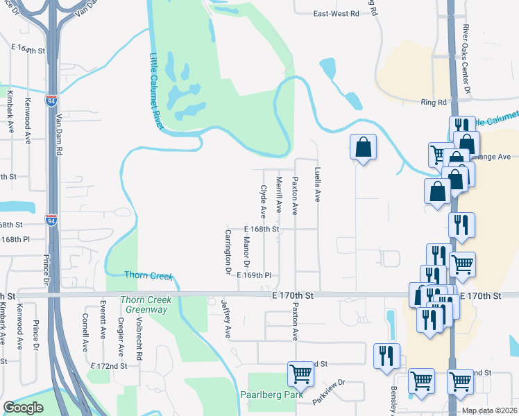 map of restaurants, bars, coffee shops, grocery stores, and more near 16750 Manor Drive in South Holland