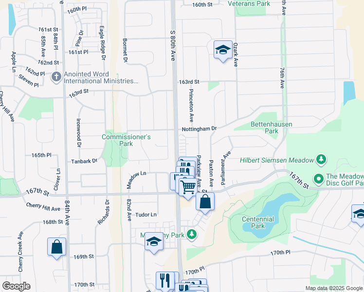 map of restaurants, bars, coffee shops, grocery stores, and more near 16540 Crescent Avenue in Tinley Park