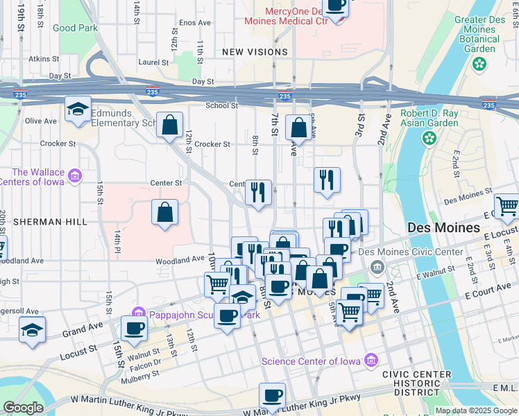 map of restaurants, bars, coffee shops, grocery stores, and more near 750 Park Street in Des Moines