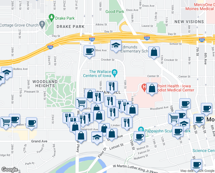 map of restaurants, bars, coffee shops, grocery stores, and more near 716 17th Street in Des Moines