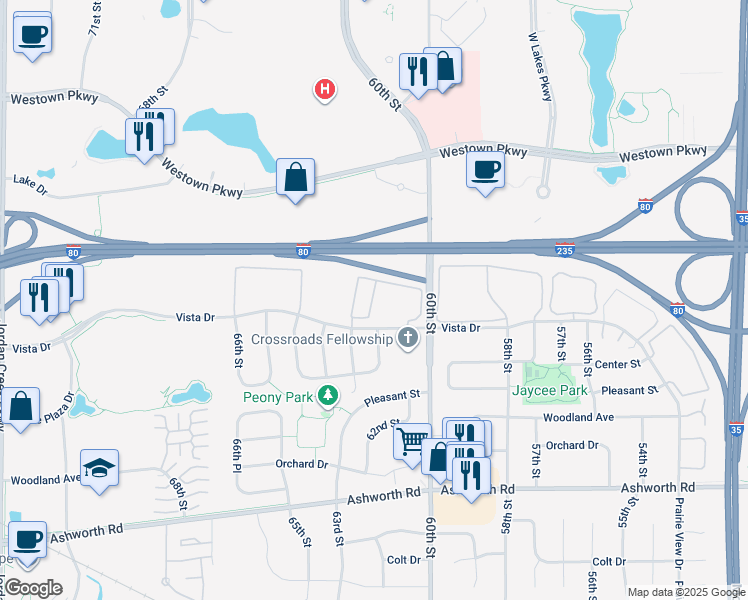 map of restaurants, bars, coffee shops, grocery stores, and more near 6000 Vista Dr in West Des Moines