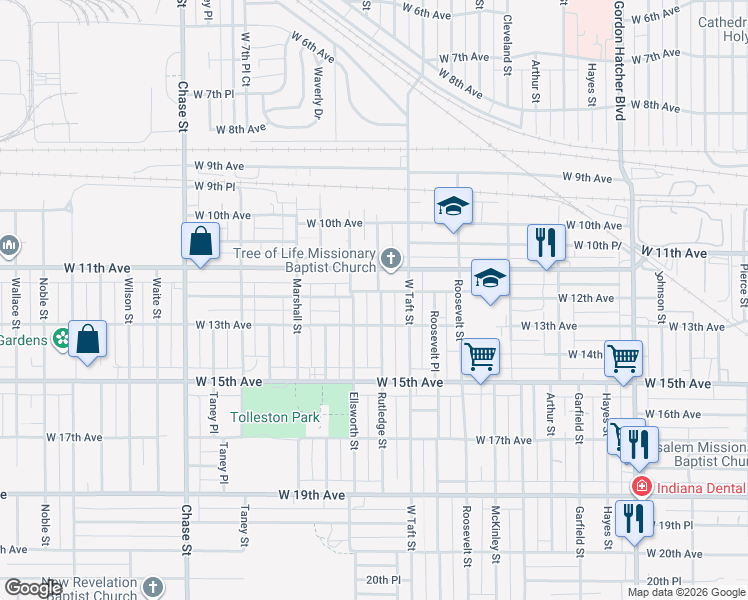 map of restaurants, bars, coffee shops, grocery stores, and more near 1210 Rutledge Street in Gary