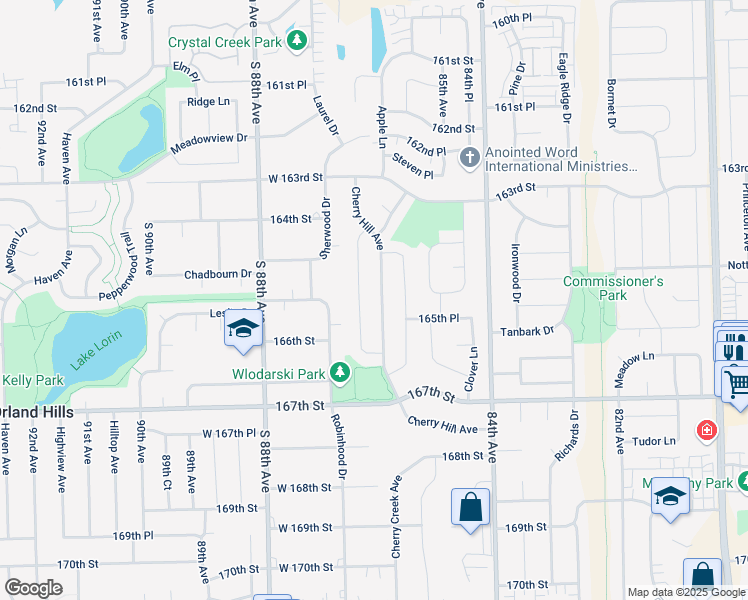 map of restaurants, bars, coffee shops, grocery stores, and more near 16508 Cherry Hill Avenue in Tinley Park