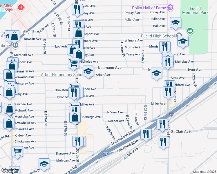 map of restaurants, bars, coffee shops, grocery stores, and more near 20871 Trebec Ave in Cleveland