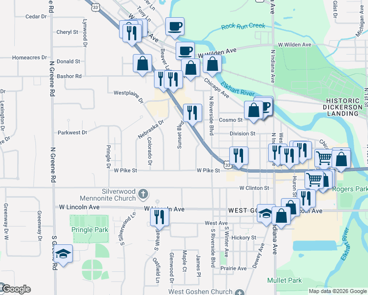 map of restaurants, bars, coffee shops, grocery stores, and more near 315 Park Ave in Goshen
