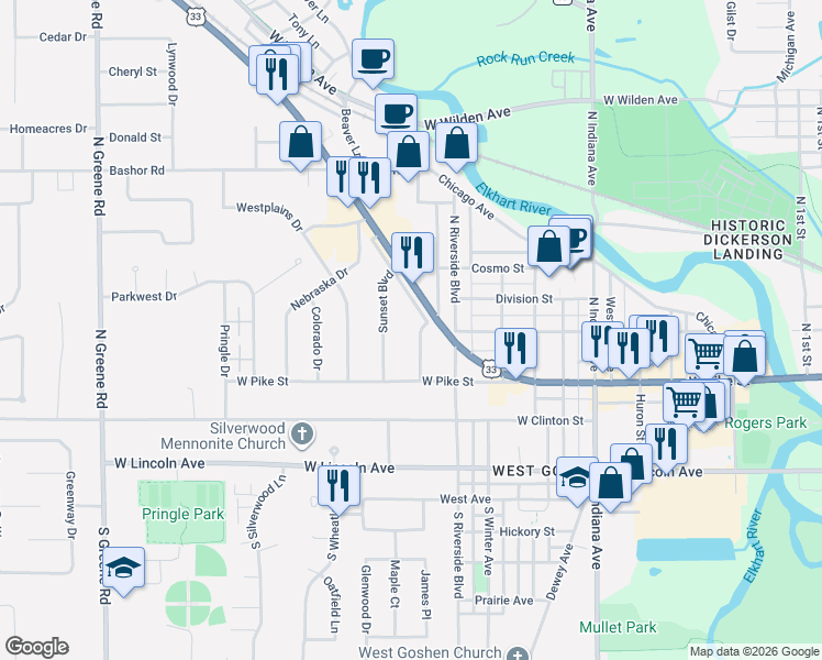 map of restaurants, bars, coffee shops, grocery stores, and more near 315 Park Avenue in Goshen